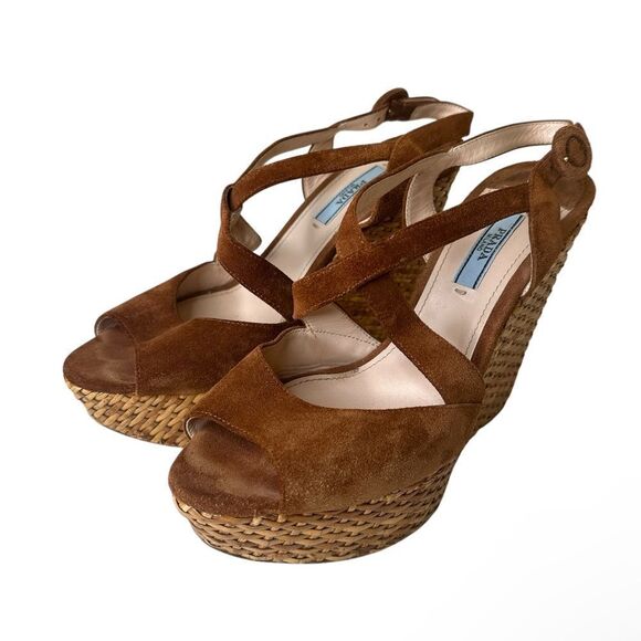 PRADA Miliano Brown Suede Espadrille Wedge Sandals - Picture 1 of 11